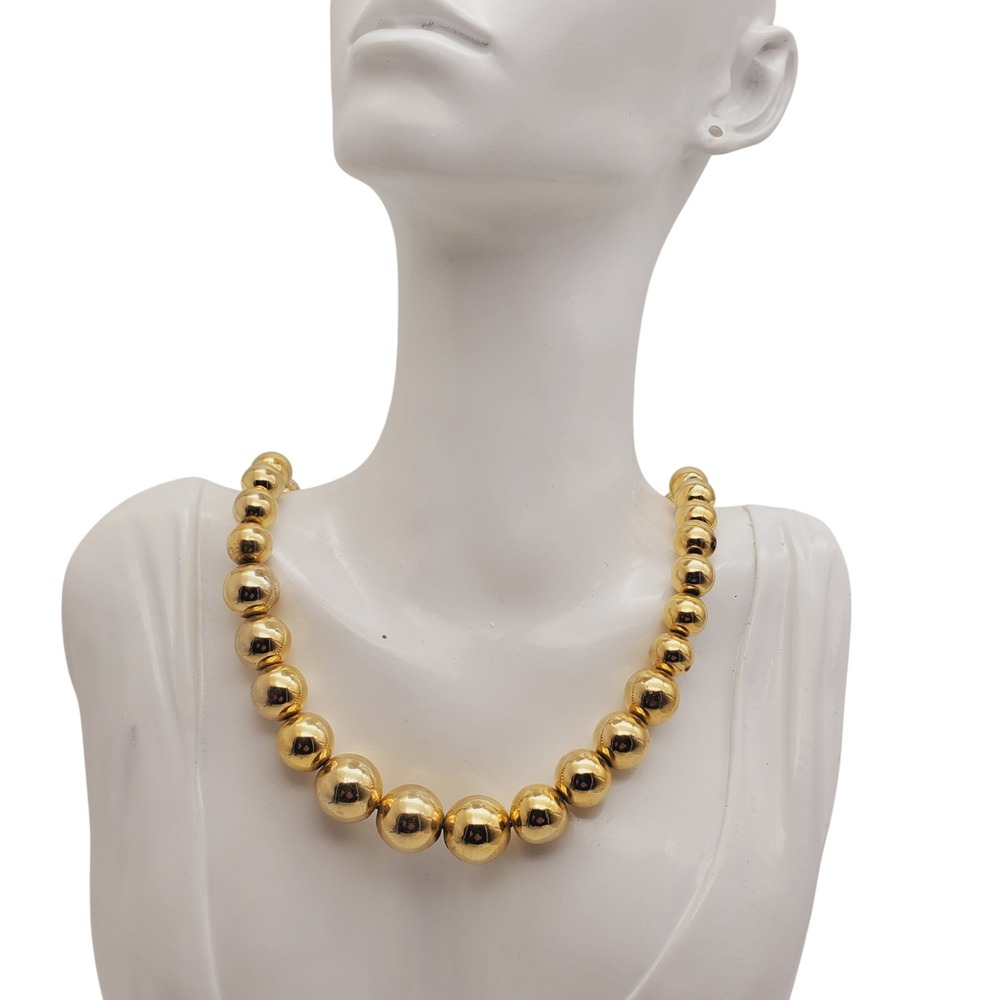 Vintage Graduated Gold Tone Beaded Necklace Classic Metal Ball Strand 18" Korea